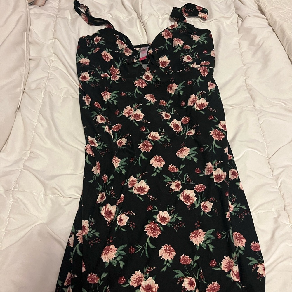 No Boundaries Black Dress with Pink Floral Pattern